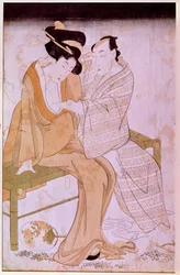 Voorstelling van een Japans paar dat elkaar op een bank liefkoost. Prent van Kitagawa Utamaro (1753-1806). Afmetingen: 0,38 x 0,245 m. Parijs, Musée Guimet, Nationaal Museum voor Aziatische Kunst