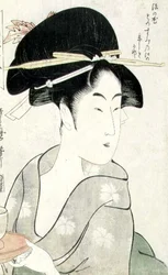 Borstportret van een vrouw met een theekopje, uit de serie `Meisho Koshikake Hakkei`