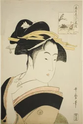 Takashima Ohisa, uit de serie "Beroemde schoonheden vergeleken met de zes onsterfelijke dichters (Komei bijin rokkasen)"