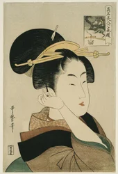 Tatsumi Roko, uit de serie "Beroemde schoonheden vergeleken met de zes onsterfelijke dichters" ("Komei bijin rokkasen")