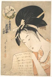 „De courtisane Hanazuma leest een brief“, uit de serie „Schoonheden vergeleken met bloemen“ (Bijin hana awase)