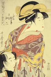 De geliefden Miuraya Agemaki en Yorozuya Sukeroku (oban uit Jitsu kurabe iro no minakami) , ca. 1798-1799 (kleurenhoutsnede)