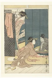 Twee courtisanes en een jongeman onder een muskietennet