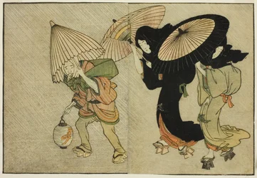 Twee Vrouwen en Bediende Gevangen in een Storm, uit het geïllustreerde boek "Prentenboek: Bloemen van de Vier Seizoenen (Ehon shiki no hana)," deel 2