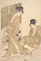 Twee Jonge Vrouwen Gewikkeld in Yukata na een Bad, ca. 1796