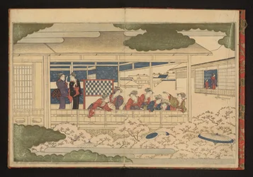 Parade bekijken op de hoofdstraat, Nakanochô, in het Yoshiwara plezierkwartier