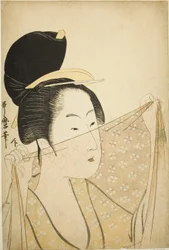 Vrouw die een stuk stof omhoog houdt (Nuno o kazasu onna)