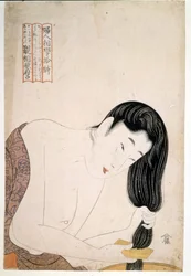 Vrouw schildert zichzelf. sd. Kunstwerk door Utamaro KITAGAWA (1753-1806).