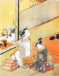 Vrouw die pijp rookt, ukiyo-e kunstdruk, Tosa school, houtsnede, Japanse beschaving, Edo-periode