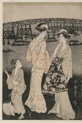 Vrouwen Genieten van de Avondkoelte bij de Ryogoku-brug
