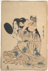 Yamauba die haar tanden zwart maakt, met Kintarō