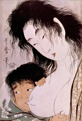 Yamauba en Kintaro: de tetee Japanse prent door Utamaro Kitagawa. Parijs, Guimet Museum, Nationaal Museum voor Aziatische Kunsten