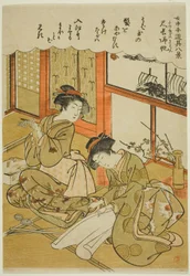 Terugkerende zeilen van de bamboemessen (Takenaga no kihan), uit de serie "Acht gezichten op gebruiksvoorwerpen van dienstmeisjes (Jochu tedogu hakkei)".