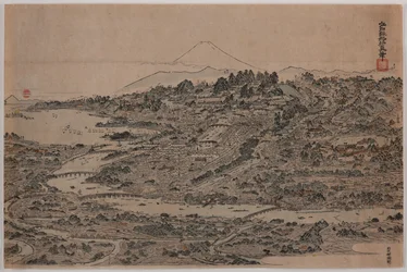 Vogelvlucht van Edo, circa 1800-1810 (houtsnede op papier)