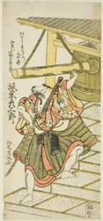 De acteur Bando Hikosaburo II als Fujitaro, vermomd als de veerman Tomokichi, in het stuk 