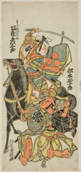 De acteurs Bando Hikosaburo II als Watanabe no Tsuna en Matsumoto Tomijuro als Hakamadare no Yasusuke in het stuk 