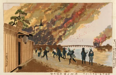 Grote brand bij Ryogoku gezien vanaf Hamacho, 26 januari 1881