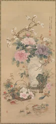 Vaas met Bloemen met Sprinkhaan, Zeeleven en Tuinrots, hangende rol, eind 1800s