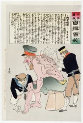 Russische soldaat wordt verzorgd door Japanse militaire personeel, gepubliceerd 1905
