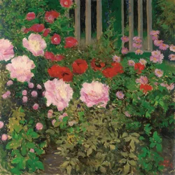 Bloemen en tuinhek; Blühende Blumen am Gartenzaun