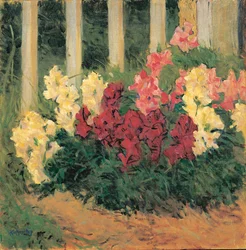 Blumenstrauch vor Gartenzaun - Bloemen voor een tuinhek ... (olieverf op doek)