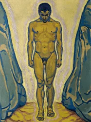 Staande mannelijke naakt tussen rotsen, ca. 1915