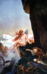 Fee in de Zwitserse Alpen, ca. 1910 (illustratie)