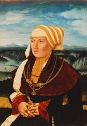 Portret van Dorothea von Stralenburg, 26 jaar oud, driekwartfiguur, in een rode en zwarte jurk met gouden ornamenten, voor een uitgestrekt landschap, 1533