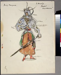 Kostuumontwerp voor de opera De gouden haan van Nikolaj Rimski-Korsakov (1844-1908). Kostuum van een strijder, helm en zwaard. Werk