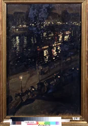 Parijs bij nacht. Uitzicht op de kades van de Seine, met een paardenkoets en stadslichten die weerspiegelen op het water. Schilderij van Konstantin Alexeyevich Korovin (1861-1939), Russische kunst