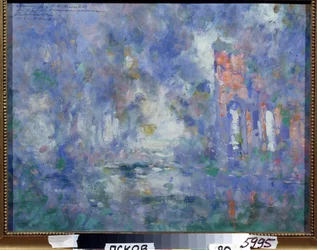 Ontwerp voor decor voor het ballet Het Zwanenmeer van Pjotr Iljitsj Tsjaikovski (1840-1893). Werk van Konstantin Alexeyevich Korovin (1861-1939), tempera op karton