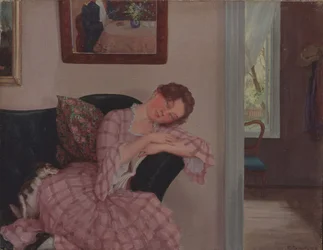 Een slapende dame in roze