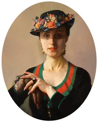 Portret van een dame met een bloemenhoed