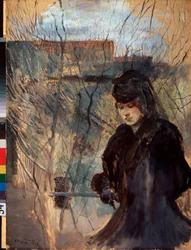 Lente. Een in het zwart geklede vrouw met melancholieke uitdrukking en neergeslagen blik, leunend op een smalle balustrade. Werk van Konstantin Andreyevich Somov (1869-1939)