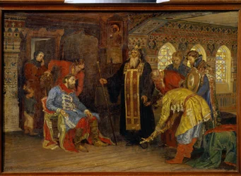 De uitnodiging van prins Dmitry Pojarski (1577-1642) om de legers te bevelen voor de bevrijding van Moskou. Na de zegen van Irenarchus van Rostov ontvangen te hebben, de prins