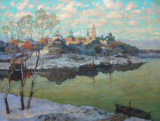 Vroege lente, een stad aan de rivier