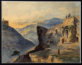 De vallei van Josafat, de Olijfberg, het dorp Siloam. Beschrijving van plaatsen nabij Jeruzalem, Israël, die in de Bijbel worden genoemd. De vallei van Josafat is een deel van de Kidronvallei