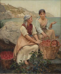 Italiaanse meisjes met tomaten in manden