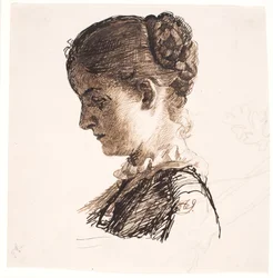 De zus van de kunstenaar Elisabeth. Profiel links. Vlechtkapsel