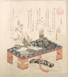 „Bureau met schrijfset en pruimenbloesems“, uit de serie Ise-kalenders voor de Asakusa-groep (Asakusa-gawa Ise goyomi). Uit de collectie Lenteregen (Harusame shū), deel 2