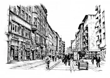 Schets van een drukke stadsstraat