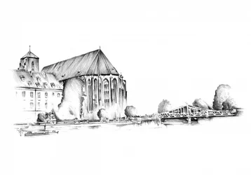 Historische schets van een stad aan de rivier