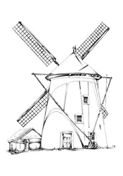 Tekening van een historische windmolen