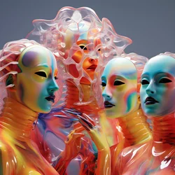 6 vrouwen met 3D parametrische fluorescerende plastic maskers in een surrealistische en parametrische toekomstarchitectuur, 2