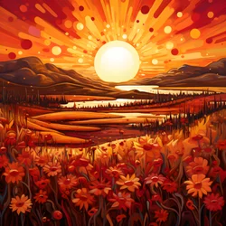 Abstract landschap met een veld wilde bloemen en een gedurfde rode zon 2