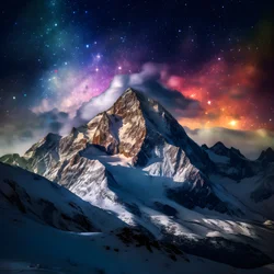 De met sneeuw bedekte toppen van de Alpen gloeien als een regenboog in de nacht 2