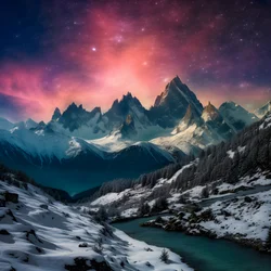 De met sneeuw bedekte toppen van de Alpen gloeien als een regenboog in de nacht 3