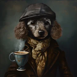 Een gecultiveerde poedel drinkt een kopje thee, draagt een coltrui en een platte pet, rokerige achtergrond 1