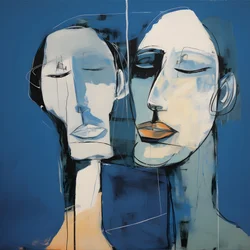 Schilderij van twee hoofden voor blauwe achtergrond 2