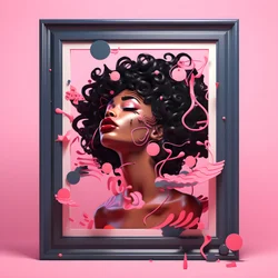 Kunstwerk van een zwarte vrouw in een roze houten lijst, die verkondigt dat ze sterk is 2